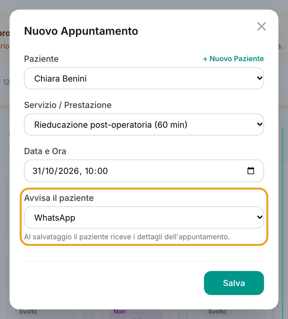 La finestra Nuovo Appuntamento con paziente, servizio, data e avviso