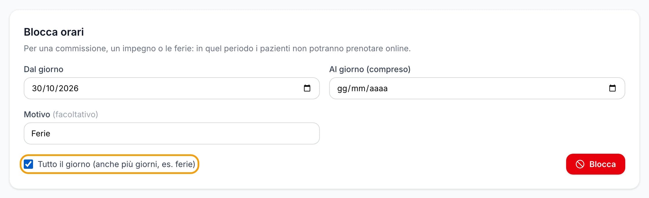 Il modulo per bloccare un periodo, con l'opzione Tutto il giorno