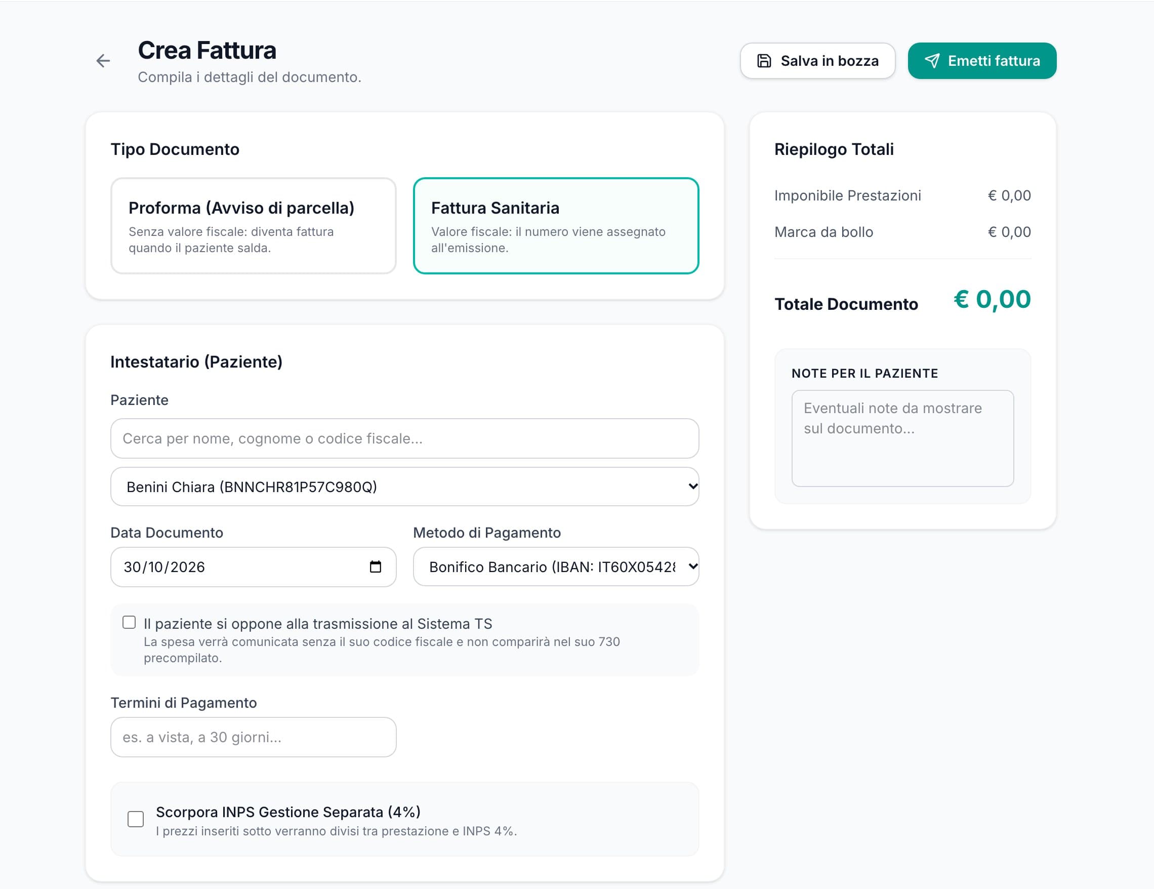 Il modulo della nuova fattura con tipo di documento, paziente, data e pagamento