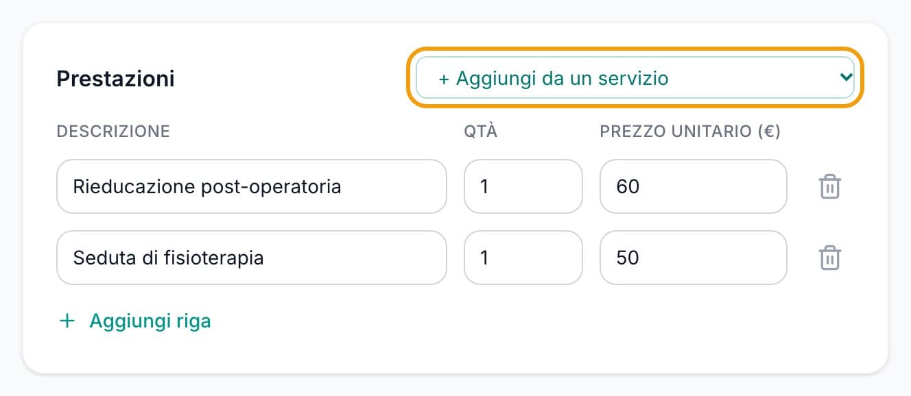 Il riquadro Prestazioni con le righe aggiunte da un servizio