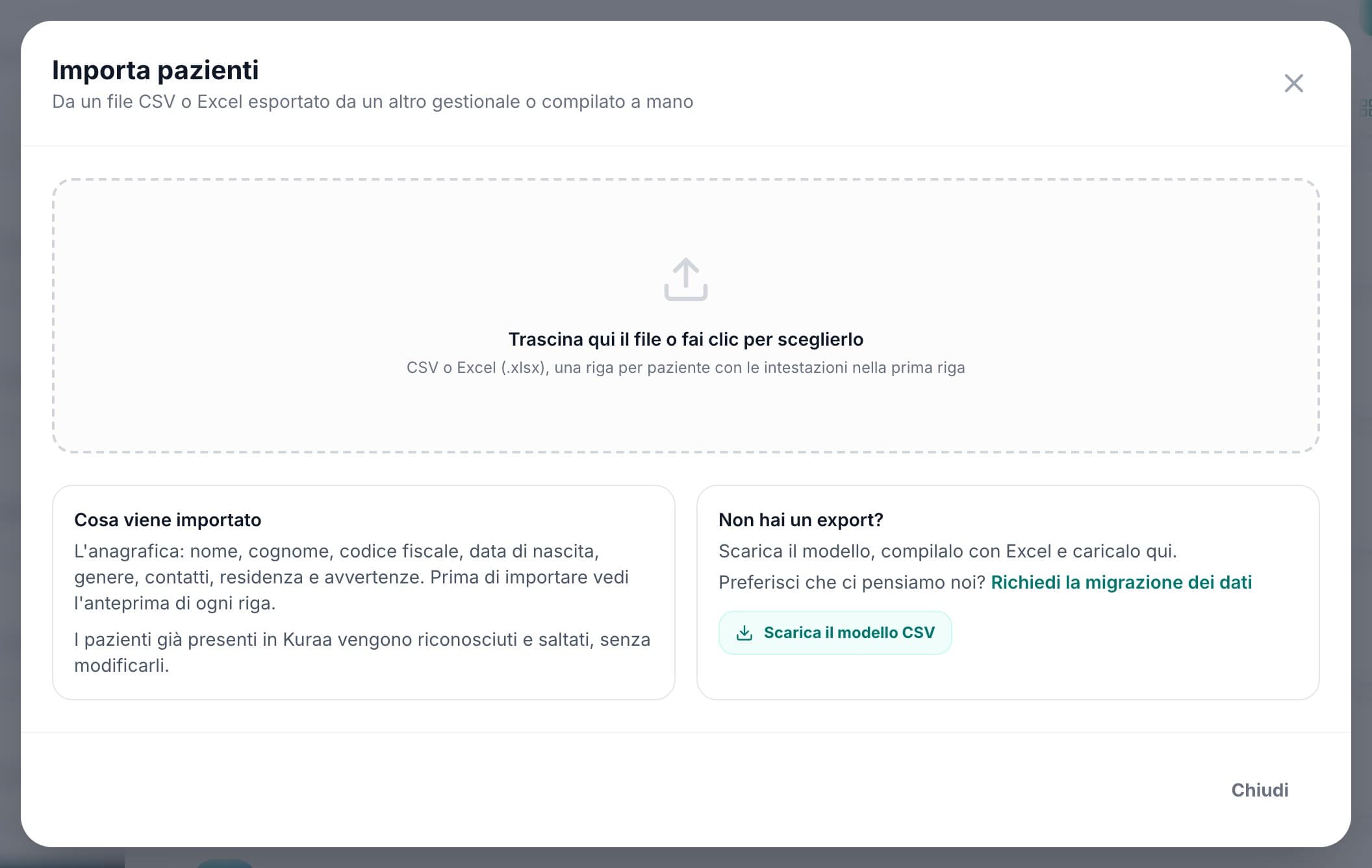 La finestra Importa pazienti, dove si carica il file CSV o Excel