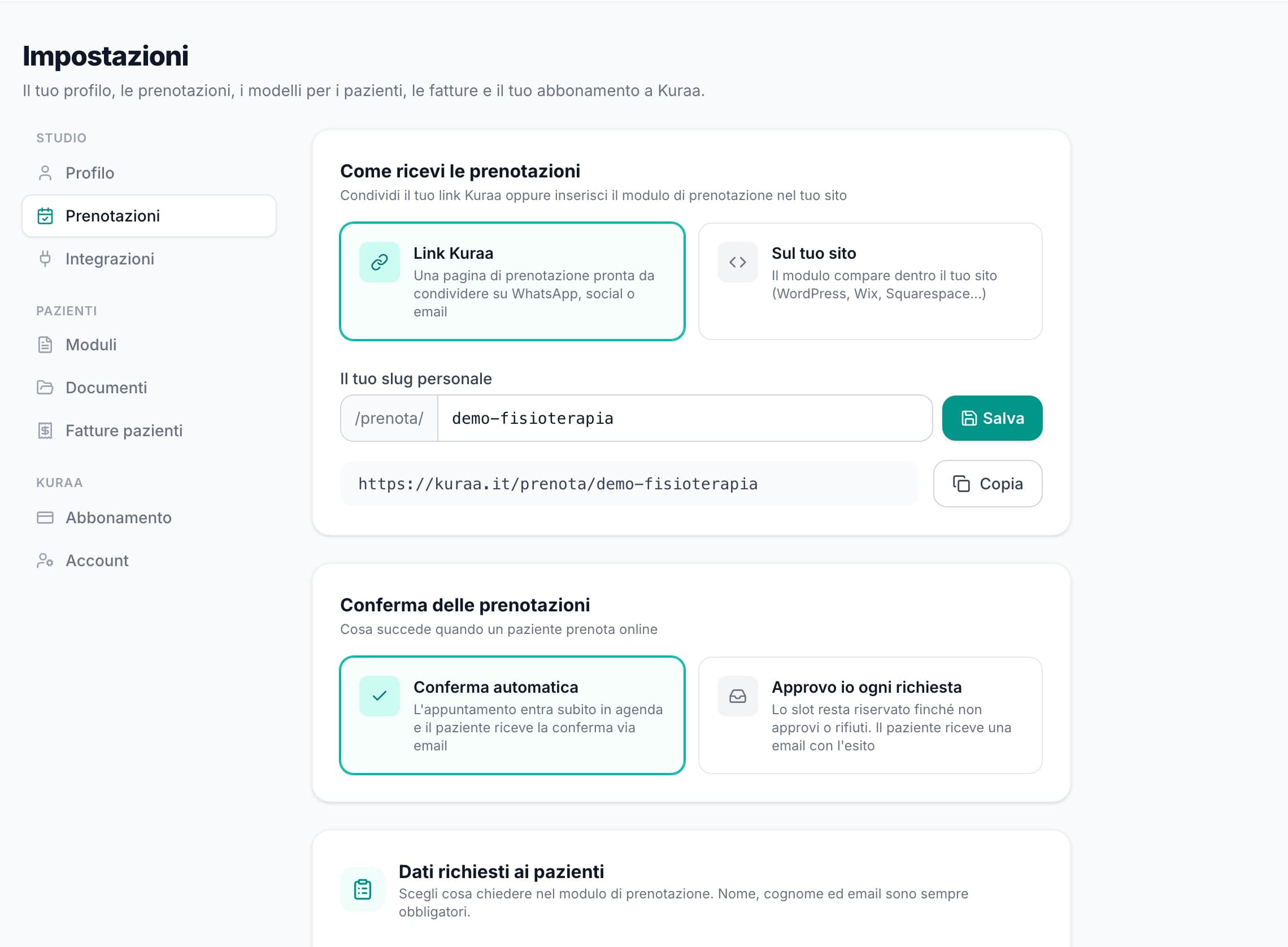 Impostazioni, sezione Prenotazioni, con il link Kuraa e la conferma delle prenotazioni