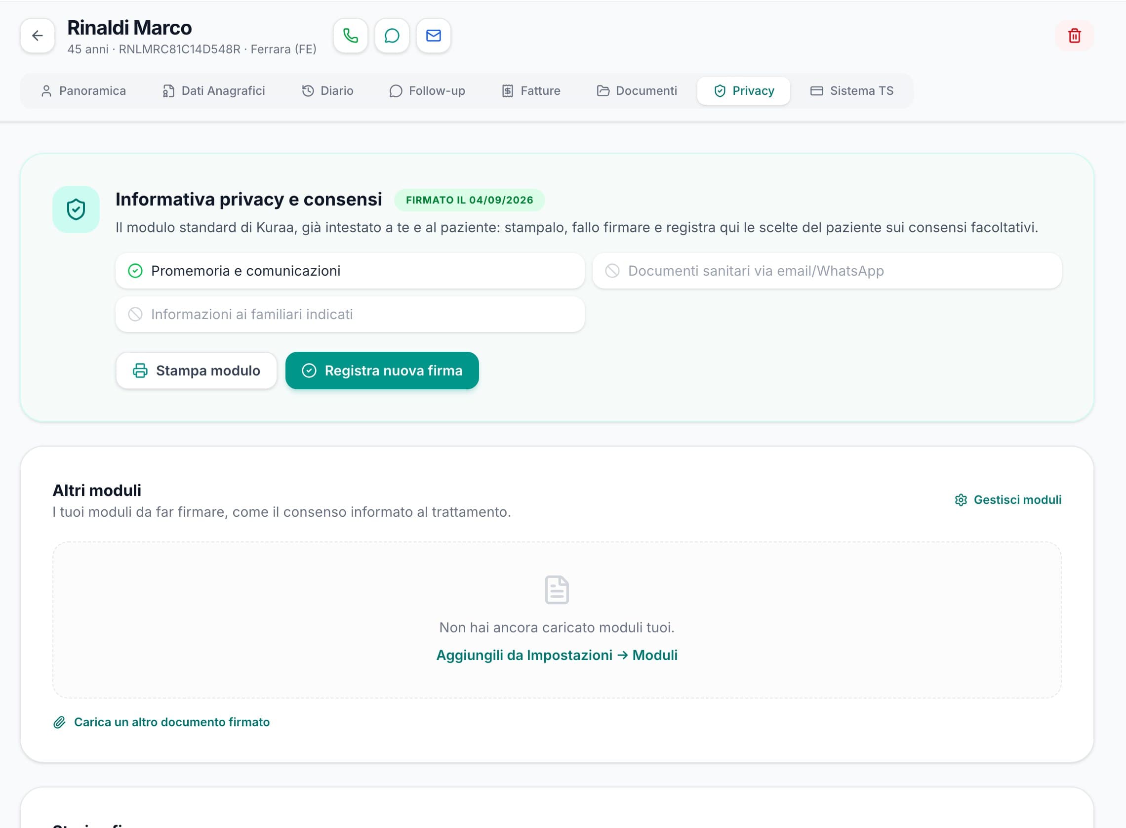 La sezione Privacy della scheda paziente con il modulo standard e i consensi