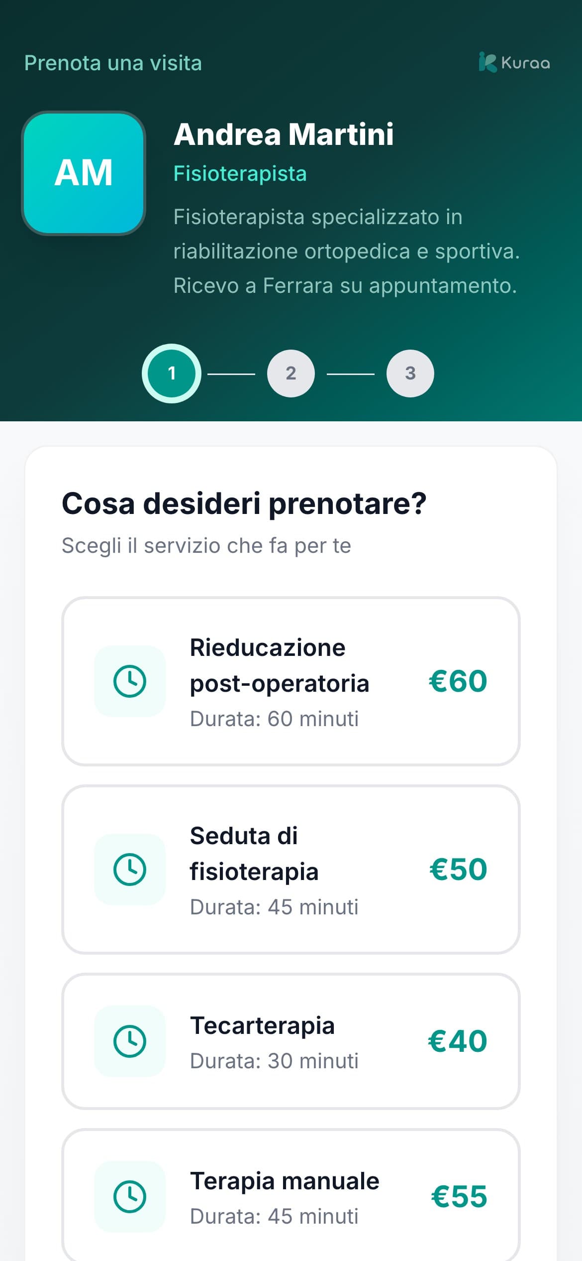 La pagina di prenotazione vista da telefono, con l'elenco dei servizi