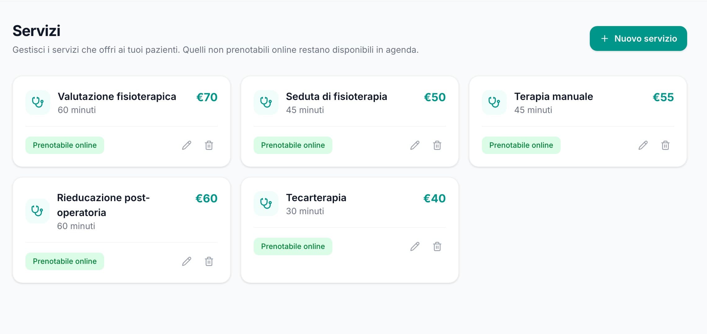 La pagina Servizi con l'elenco delle prestazioni
