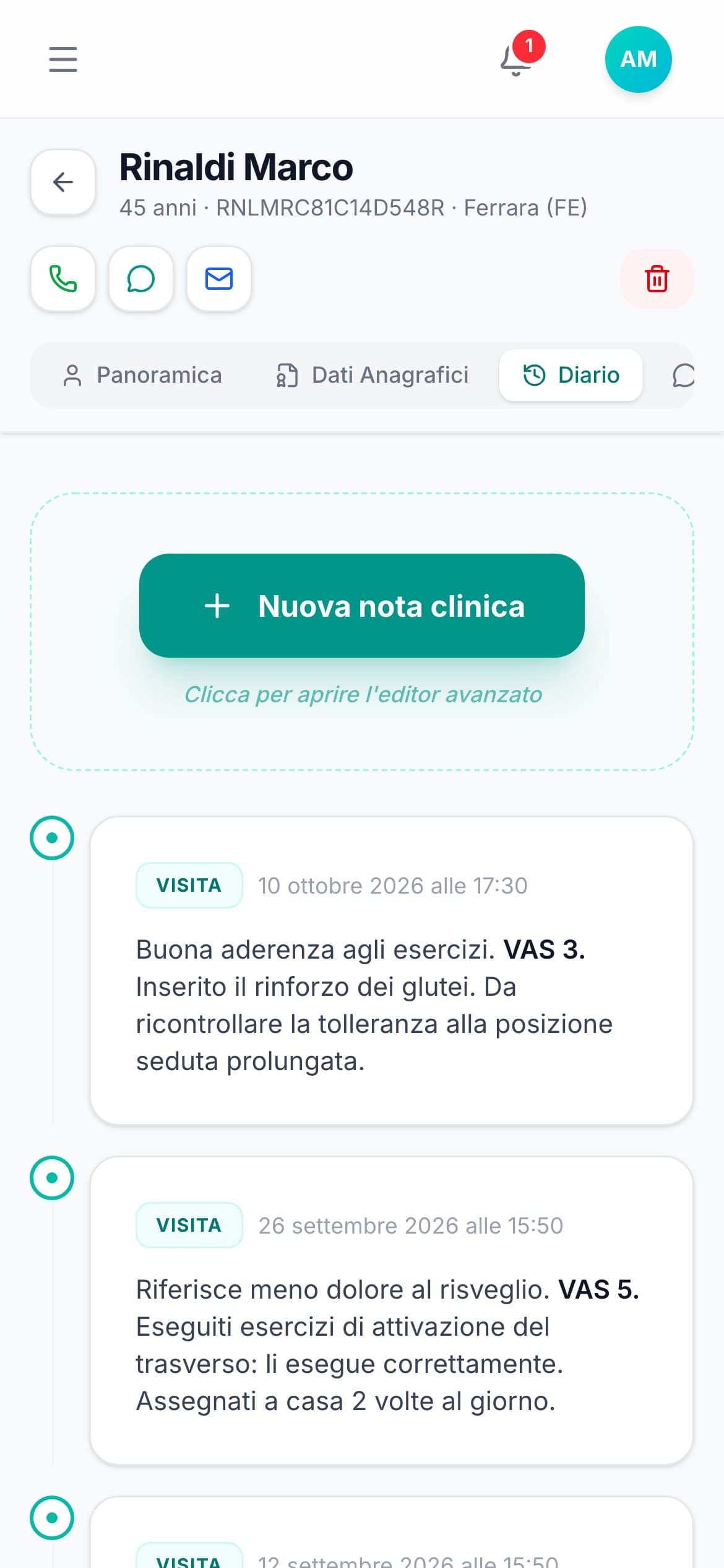 Il diario clinico di un paziente con le note delle visite