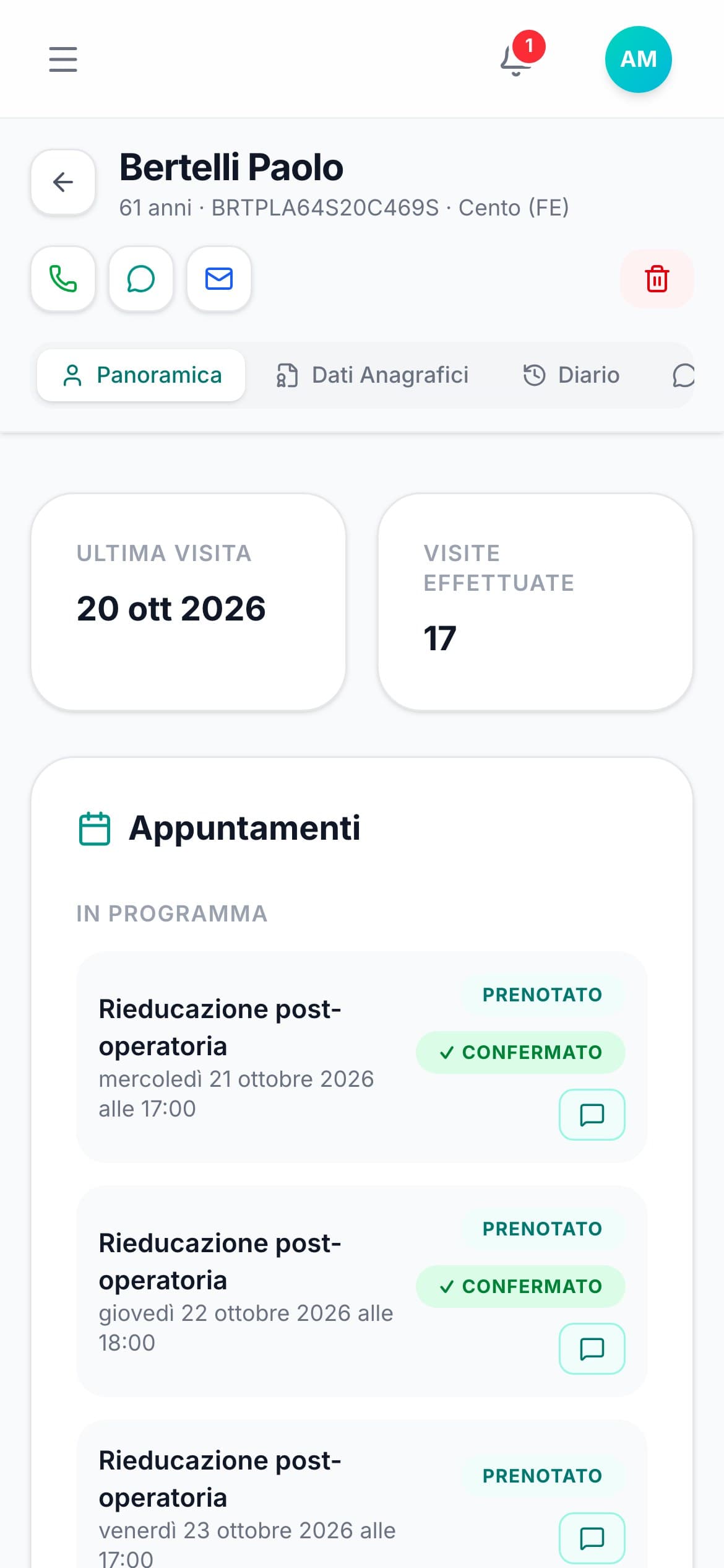 La scheda di un paziente con gli appuntamenti confermati e le avvertenze cliniche